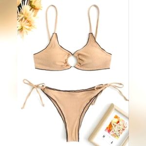 NWT Zaful Swimsuit Tie Side Ribbed O Ring Cheeky Bikini Light Coffee Small/ 4
